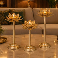Easyera Decorative Lotus Candle Holder Set of 3| Gold Metal Tealight Holder for Home Decor | Lotus Diya Stand for Diwali, Pooja & Wedding Decoration | 12, 10 & 8 Inch