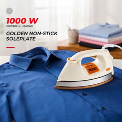 Usha 3710 1000Watt 1.75 kg Heavy Weight Dry Iron | Double Coat Golden Non Stick Soleplate for Longer Durability | Extra Long Soleplate | 360° Swivel Cord | 2 Years Warranty | (White)