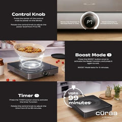 CÜRAA IndiePro Induction Stove | 6kV Surge Protection | 2100 W Induction Chulha | Rotary Knob Control | Timer Function | Incremental Heat Adjustment | 2 Year Warranty