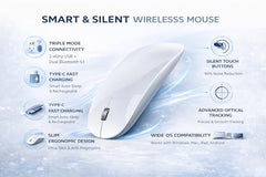 Offbeat - Atom Dual Bluetooth 5.1+5.1 & 2.4Ghz Wireless, Type-C Rechargeable 100 Hours Battery Silent Click Mouse, Triple Device connectivity Windows, Mac, iOS, Android (Silver)