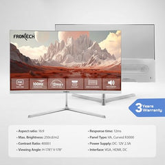 FRONTECH Ultima Series 24 Inch Curved LED Monitor, Refresh Rate 100Hz, 3500R Curve, Full HD 1080p, Built in Speaker, Bezel Less Design, HDMI & VGA Ports, 3 Years Warranty (MON-0088, White)
