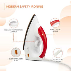 amazon basics 1000 Watts Dry Iron with Non-Stick Soleplate | Stainless Steel Base | Ergonomic | Red and White