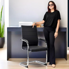 GOYALSON Visitor Chair Leather Back and Cushioned seat Chrome Base Suitable for Reception Home Conference Room Study Computer Restaurant Chair (1 Leather Back, z Black, Standard)