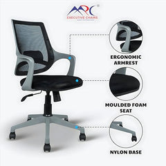 MRC Mono Ergonomic Office Chair (Mid-Back) – Revolving Breathable Mesh Desk Chair for Work from Home & Study–Lumbar Support & Heavy Duty Nylon Base (Grey & White)