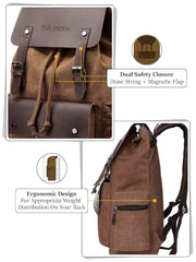 FUR JADEN Eco Friendly Travel 4 Compartment Laptop Backpack Made of Water Resistant Sustainable Canvas and Vegan Leather for Unisex for Travel Hiking Work (Coffee)