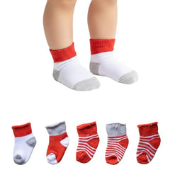 MOMISY Baby Socks 5 Pairs, Mixed Design Striped Tube Socks for Toddlers and Infants, Boys and Girls, Spring and Autumn (IN, Age, 0 Months, 6 Months, Red)