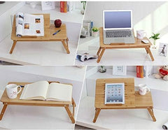 INTRAHAUS Wooden Extra Large Multi Tasking Height Adjustable Foldable Laptop Table Portable Study Writing Desk for Bed Sofa Home Office Use Walnut Color Wide Surface Design