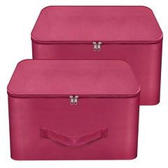 Storite 2 Pack Nylon Wardrobe Bag Underbed Cloth Storage Organizer | Moisture Proof Storage Bag, Storage box for Clothes Saree Bags, Zippered Closure & Handle - Magenta,37x34x23 cm