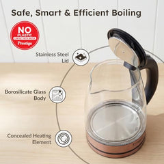Prestige PKGB 1.8 Litre Electric Glass Kettle| LED Power Indicator| Borosilicate Glass| Automatic Power Cut-Off| Concealed Element| 360 Degree Swivel| Cool Touch Handle, 1350 Watts, Transparent
