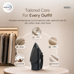 Wipro Elato GS 105 Brevia 1300 Watt Steam Iron With 180 Ml Water Tank | Anit-Drip Protection | Anti Bacterial German Weilburger Dual Coated Soleplate| Vertical & Horizontal Steaming| 2 Year Warranty