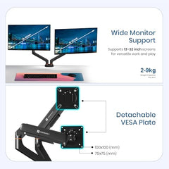Portronics Aerolift Solo Gas Spring Monitor Arm, Desk Mount for 13–32 Inch Screens, VESA 75x75 & 100x100 mm, Full Motion Tilt/Swivel/Rotation, C-Clamp & Grommet Installation, Aluminium Build