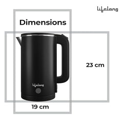 Lifelong Electric Kettle 1.5 litre | 1500W Stainless Steel Kettle with Double Wall & Cool Touch Body | Multipurpose Electric Kettle | 360° Swivel Base, Auto Shut Off & Overheat Protection (Black)