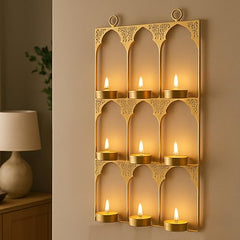 CraftVatika Tealight Candle Holder,Festiv Diwali Decor Items, Wall Mounted Hanging Iron Leaf Design Tealight Candle Holder Stand Frame for Home Christmas Diwali Decoration Items, Wall Decor Items