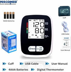 NISCOMED PW-221 Digital LCD Display BP Check Machine For Home | Fully Automatic Upper Arm Style BP Monitor | With USB Cable & AAA Battery | Memory 99 x 2 Users With Digital Thermometer
