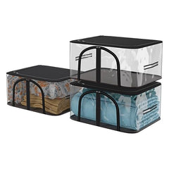 Kuber Industries Pack of 3 PVC Transparent Underbed Storage Bag | Multi-Purpose Garments Bag for Clothes-Toy | Wardrobe Bag with Handle | U Zip | Black