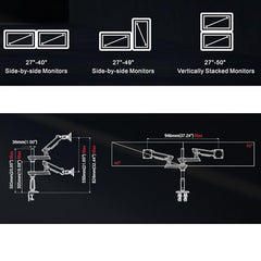Dual Monitor Arm Stand for 27–50 Inch Screens | Heavy Duty Gas Spring Monitor Mount | Vertical & Horizontal Stacking | 2–15kg Each | VESA 75x75 & 100x100 | Full Motion Swivel Tilt Rotation | D9C