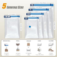 25 Pack Vacuum Storage Bags, Compression Space Saver Bags for Comforters, Blankets and Clothes, Durable Seal, Puncture Resistant, Safe Poly Material, Preserves and Protects, Hand Pump Included