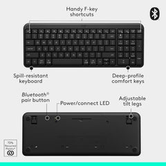 Logitech K250 Bluetooth Keyboard with Numpad, Easy Connectivity, Compact Wireless Keyboard Made with Recycled Plastic, Spill-Resistant, Comfortable Keys - Windows/MacOS - Graphite
