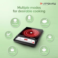 Longway Elite Plus IC 2000 Watt Induction Cooktop with Auto Shut-Off & Over-Heat Protection With 8 Cooking Mode & BIS Approved | 2 Years Warranty | (Black, Push Button)