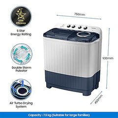 Samsung 7 kg, 5 star, Semi Automatic Top Load Washing Machine (WT70M3000UU/TL, Air Turbo Drying, LIGHT GRAY, 5 Year Warranty on Wash Motor)