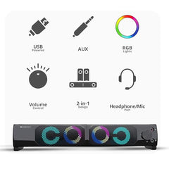 ZEBRONICS Wonder BAR 10, 2.0 USB Computer Speakers, 10 Watts, 2-in-1 Design, USB Powered, RGB Lights, AUX, Volume Control, Headphone/Mic Port, for Laptops & Desktop