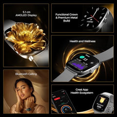 boAt Ultima Regal w/ 2.01”(5.10 cm) Crystal-Clear AMOLED Display, 1000 NITS Brightness,Premium Metal Body, Functional Crown, 100+ Sports Modes, Fitness Smart Watch for Men & Women (Steel Black)