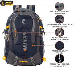 Half Moon 45L Hammer Waterproof Rucksack Bags for Man/Trekking Bags for Men | With 17.3" Laptop Compartment & Rain cover | For Trekking, Hiking, Travel Backpack for Men & Women (Navy Blue)