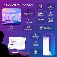 Acer SA272U P1 27 Inch WQHD 2560×1440 IPS Monitor|144Hz Refresh Rate | 1ms VRB | HDR10 | AMD FreeSync | 1 x HDMI (2.0) + 1 x DisplayPort (1.4) | Built-in Speakers | Ultra-Slim 7.2mm Design | Eye Care