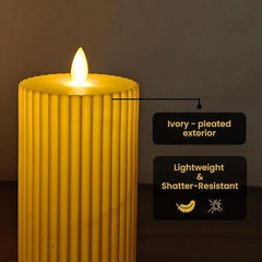 Chronos Pleated Ivory LED Moving Wick Pillar Candle | 4 Inch | White