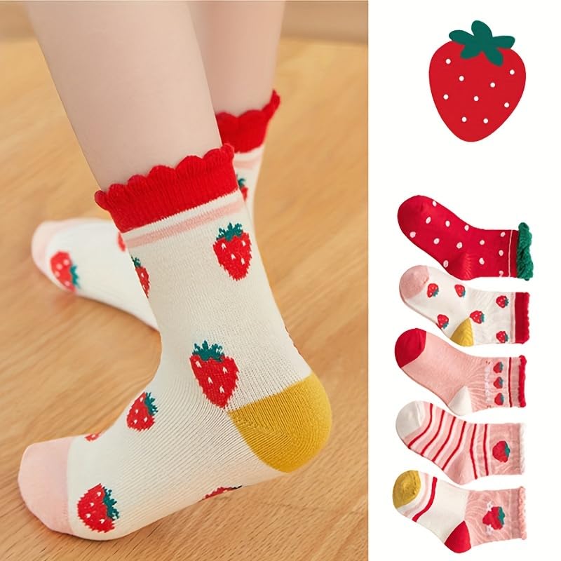 SYGA 5 Pairs Baby Girl & Baby Boy Socks, Toddlers Infant Cotton Stretch Crew Socks with Strawberry Design, Suitable for 1-3Years old baby