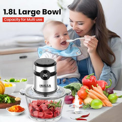 INALSA Electric Chopper For Kitchen With Digital Display|500 Watt Copper Motor|1.8 L Capacity Glass Bowl|Twin Blade Technology|2 Speed Settings|Onion,Vegetable Chopper,Meat Grinder (Bullet Inox Digi)