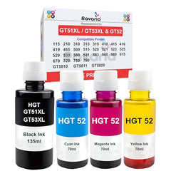Ravaria Refill Ink for HP GT51XL/53XL GT 52 for HP Ink Tank 115,310,315,319,410,415,416,419,455,500,515,530,589,615,750,790,670,GT5810,GT5811,GT5820(GT51XL + GT52CMY(4 Color Set),Multi-Color Pack)
