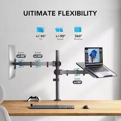 Laptop Desk Arm with Clamp and Grommet, Swivel and Tilt Function (Dual Arm with Monitor & Laptop)