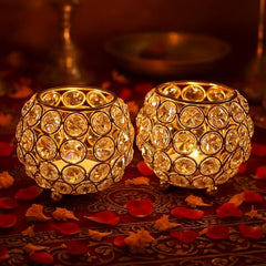 CentraLit Pack of 2 Tea Light Crsytal Candle Holder - Pooja Diya Decoreation Items for Home Diwali Brass Puja Item Unique Christams Diwali Gift Diya Lantern Items Home Decor Candle Light