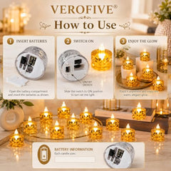 VEROFIVE Crystal LED Tea Light Candles, Pack of 12 – Diwali & Home Décor