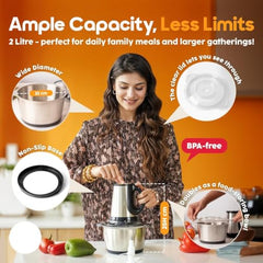 Electric Kitchen Chopper with 3 Attachments, 2L Stainless Steel Bowl, 300W Food Processor, Meat Mincer, Vegetable Cutter, Garlic Peeler, Egg Whisk, Carrot Grater for Home Kitchen
