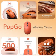 Acer PopGo Wireless Mouse | 2.4G + BT5.4 Dual Mode | 500mAh Rechargeable Battery | Adjustable DPI up to 6400 | Silent Click | 6 Buttons+Scroll Wheel | 10m Range | Windows & Mac Compatible – Orange