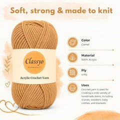 Classyo Acrylic Yarn for Crocheting (100gms x 1 Ball, 4ply) | Soft Wool Crochet Thread | Acrylic Hand Knitting Yarn | Wool for Crochet | For Sweater, Scarf, Hat, Baby Clothes, Purse, Gift Bags and DIY Crafts (Butter, Pack of 1)