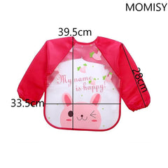 MOMISY Waterproof Smock Painting Apron for Kids Full Sleeve Feeding Bib for Babies Cartoon Animal Art for Infants Toddler Boys Girls (Red Happy-Green Jungle)-Set of 2