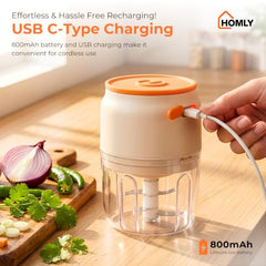 HOMLY Chopzo Mini Vegetable Chopper 250ml, 30W Rechargeable Electric Chopper with Stainless Steel Tri-Blade Cutter, USB Charging, Compact Chopper for Onion, Garlic & Vegetables