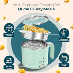 DOCAT Multipurpose Cook Kettle with Steamer, 1.2L Steel Pot (650W) | Stainless Steel Inner Pot, Adjustable Power Electric Cooker for Cooking, Boiling, Tea, Coffee, Noodles & Eggs