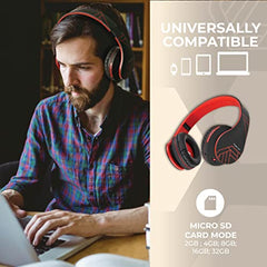 PowerLocus Samsung Bluetooth over-Ear , Wireless Stereo Foldable Headphones with Mic and Micro SD Card for All Smartphones (Black/Red)