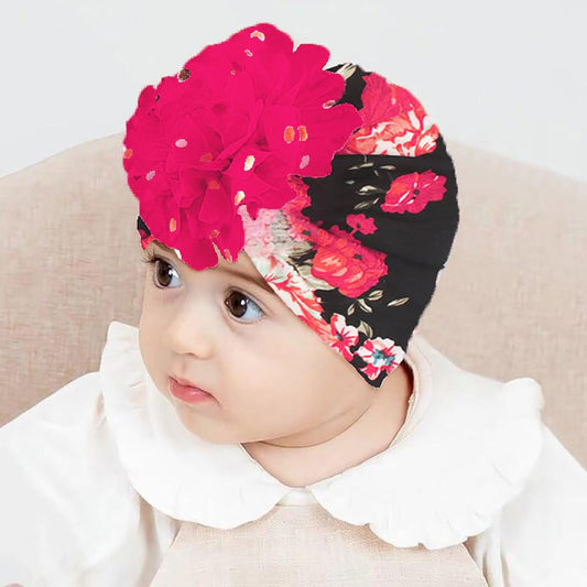 SYGA Baby Turban Hat, Toddler Beanie Cap Infant Hat 6 Month-4 Years Cotton Floral Baby Cap Headwear Unisex With Big Flower Soft Cute Hat, Pink & Blue Floral