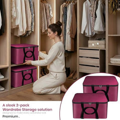Storite 2 Pack Nylon Wardrobe Bag Underbed Cloth Storage Organizer | Moisture Proof Storage Bag, Storage box for Clothes Saree Bags, Zippered Closure & Handle - Magenta,37x34x23 cm