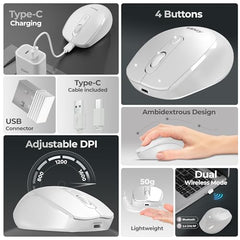 Foxin Flow Wireless Mouse with Rechargeable Battery, Bluetooth & 2.4 Ghz Dual Connectivity, 4 Buttons, Upto 1600 DPI, Type-C Charging | Ergonomic Office Mouse for Laptop, MacBook, PC | Green