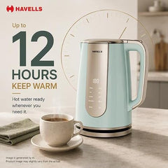 Havells CRAFT Kettle | OptiHeat Tech for Custom Temperature Setting | Real Time Temperature Display |12 Hour Keep Warm Function | Strix Controller for 5x Lifespan | 3x Safety Protection (Blue & Gold)