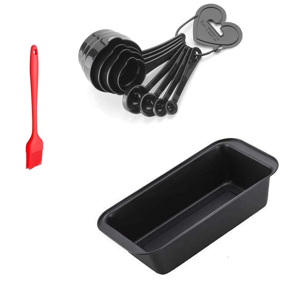 SYGA 1Pcs Heavy Duty Carbon Steel Bread Loaf Non-Stick Cake Mould Pan Tray Teflon Coating, 8Pcs Measuring Cup & Spoon Set for Kitchen, Silicone Brush Set for Baking Barbecue Brush- Black & Red