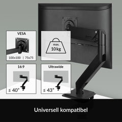 ARCTIC X1-3D - Desk Mount Gas Spring M0NITOR Arm for one Monitor, Monitor Stand for up to 40"/43" Ultrawide, up to 10 kg/22 Ibs, Cable Management, Tiltable, Swivelable, Height Adjustable - Black