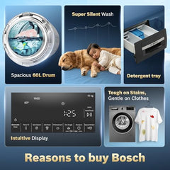 Bosch 10 kg 5 Star Front Load Fully Automatic Washing Machine, AI ActiveWater, Automated Dosing of Detergent, Inbuilt heater,14 Wash Programs,60L Large Drum,Cast Iron Grey, WGA254IRIN (2026 model)