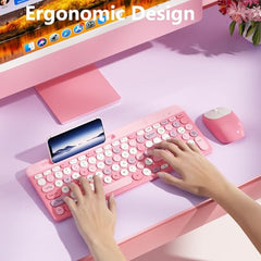 Retro Wireless Keyboard and Mouse Combo, Full-Size USB Keyboard with Round Keycaps, 2.4GHz Wireless for Desktop, Laptop and Computer (Green-Colorful)